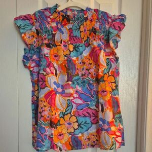 Floral Smocked Flutter Sleeve Top Colorful Ruffle Sleeve Top